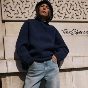 NWOT Zara Navy Knit Wool Oversized Hoodie Size S/M